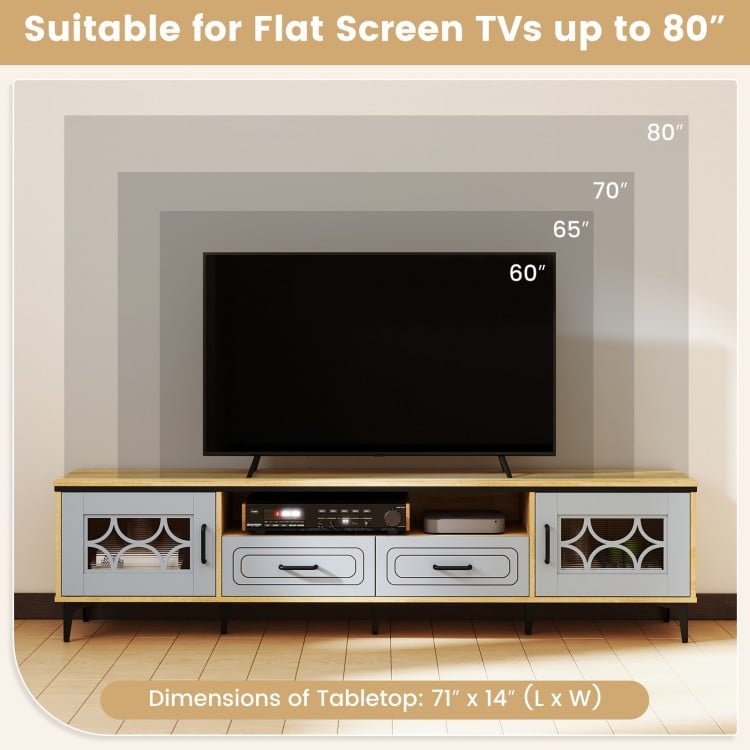 Farmhouse TV stand for TVs up to 80 inches, featuring oak and gray finish, with 2 drawers and ample storage space.