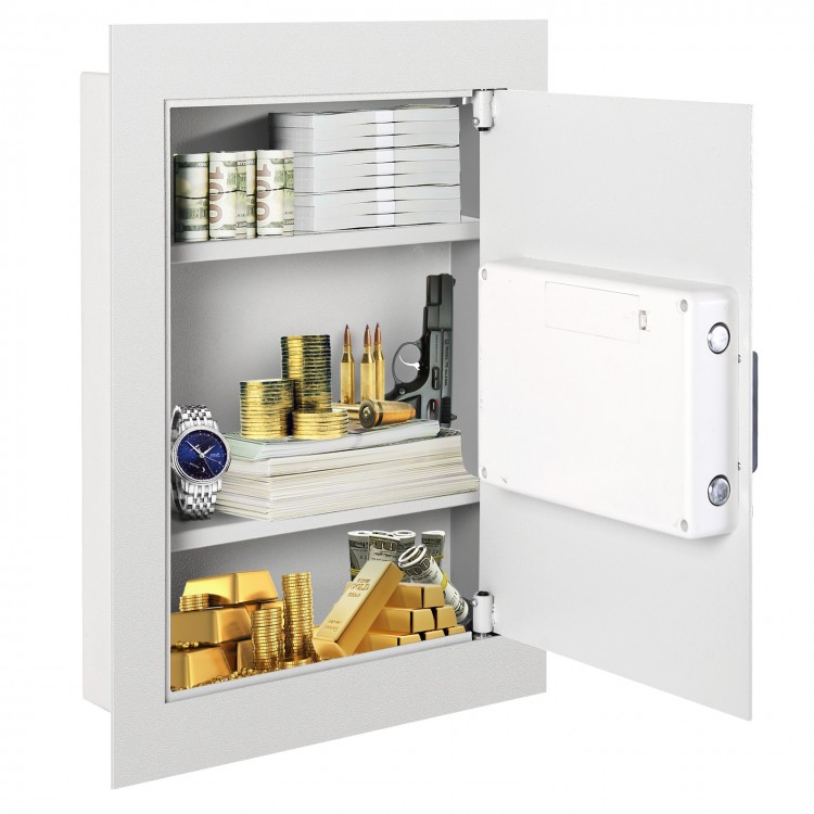 Digital flat recessed wall safe in white, featuring cash, gold bars, and a gun, with two shelves for secure storage.