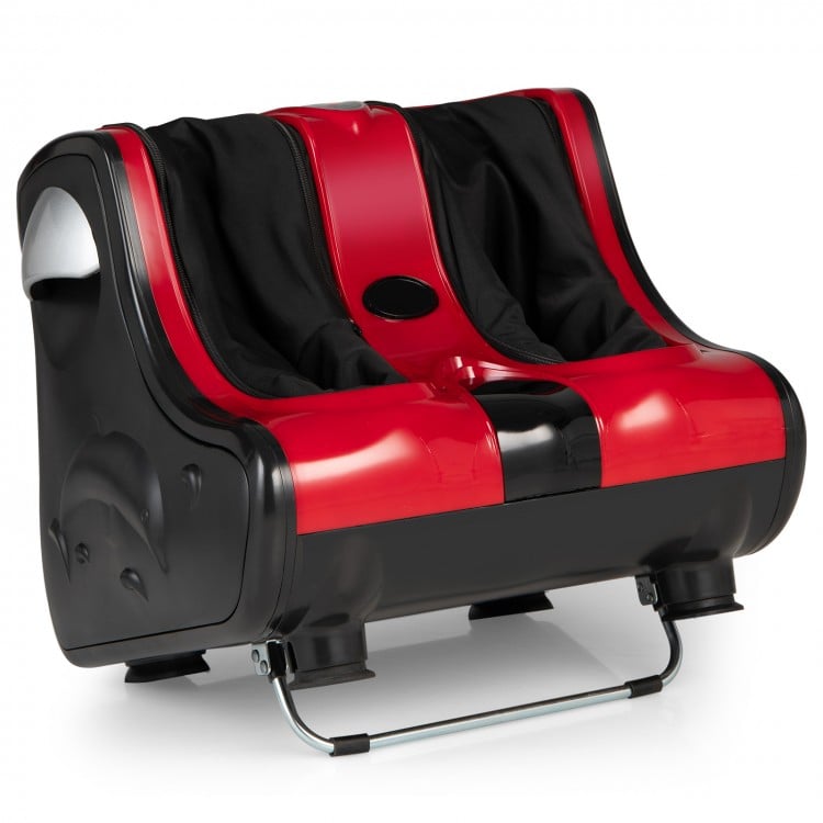 Shiatsu kneading rolling vibration heating foot massager in red and black, designed for muscle relaxation and pain.