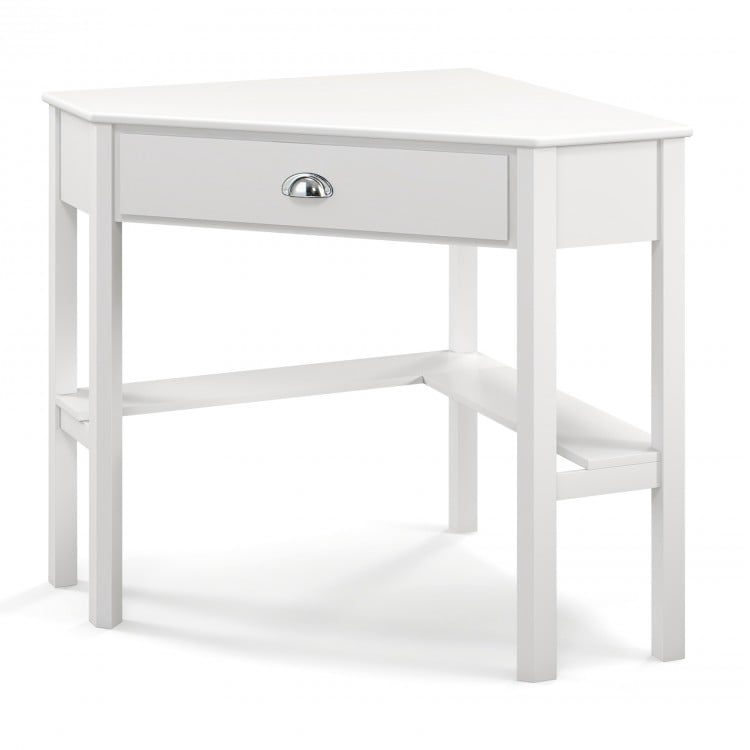 Corner wooden laptop desk in white with a drawer and two shelves, perfect for small spaces and versatile use.