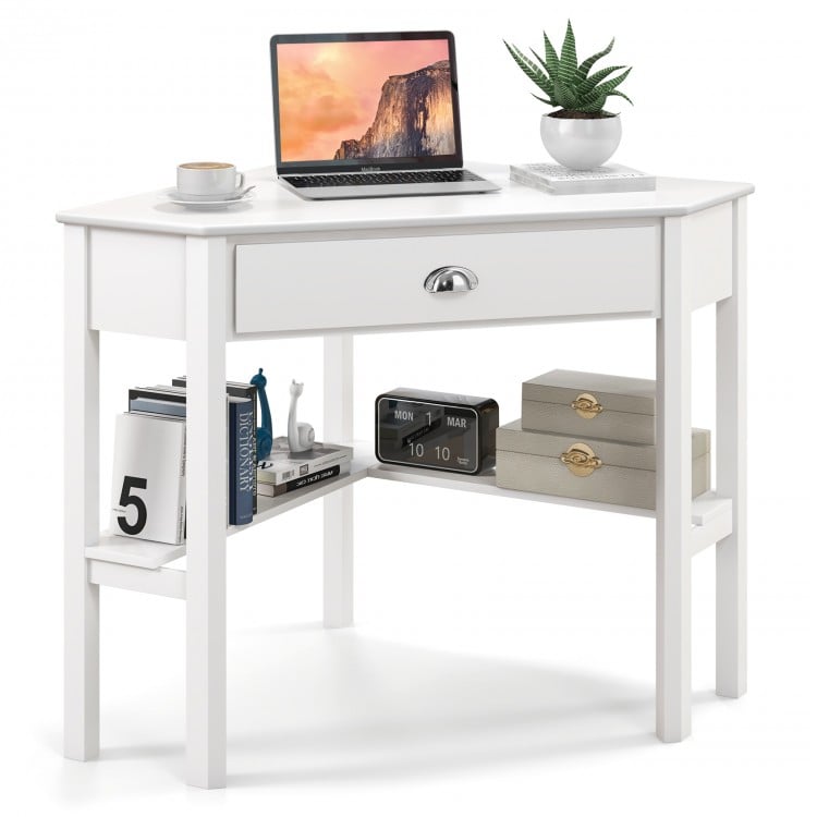 Corner wooden laptop desk in white with a drawer and shelves, ideal for home office or study use.