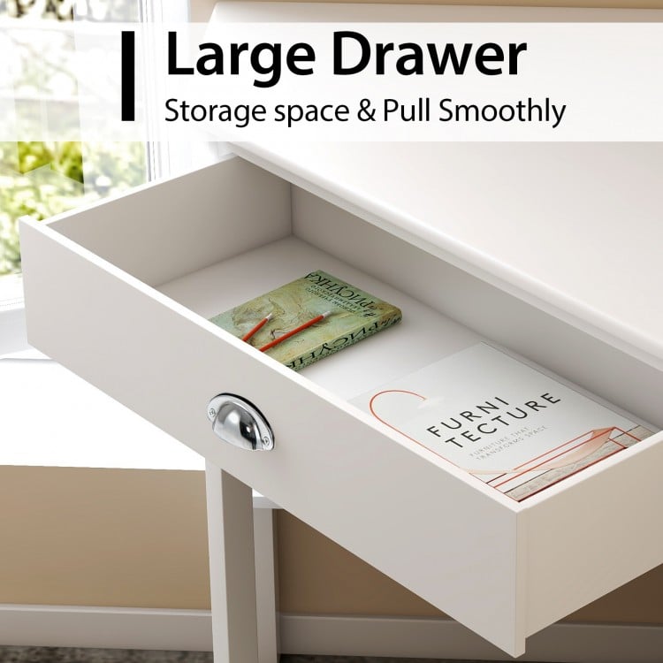 Large drawer of the white corner wooden laptop desk, showcasing storage space and smooth pull for easy access.