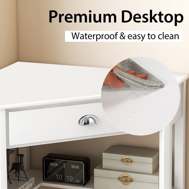 Corner wooden laptop desk with a waterproof, easy-to-clean white tabletop and a drawer for storage. Ideal for small.