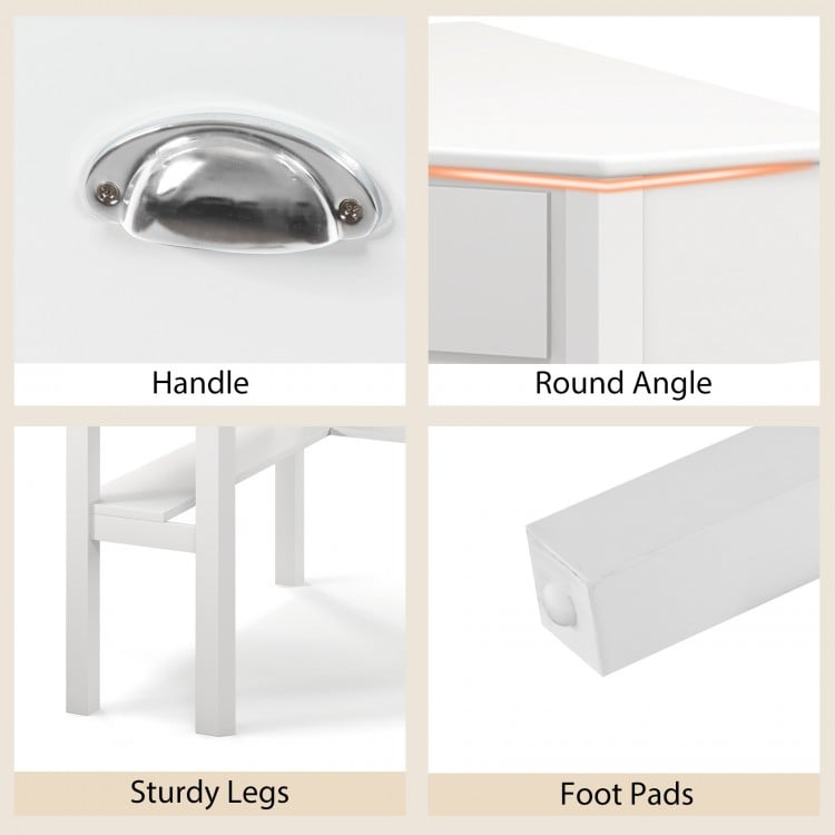 Close-up of the handle and round angle of the white Corner Wooden Piece Laptop Computer Desk for modern interiors.