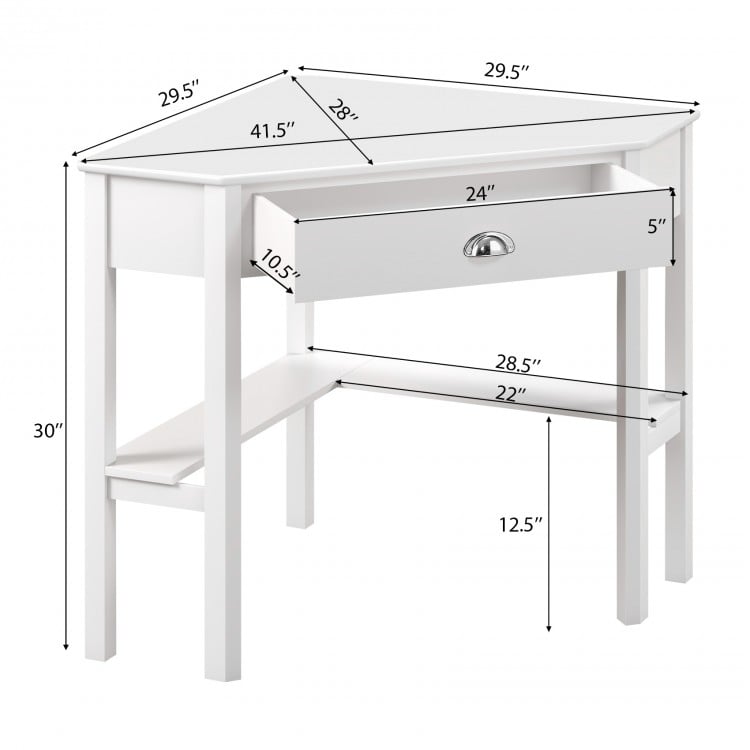 Corner wooden laptop desk in white with a drawer and two shelves, ideal for home office or study use.