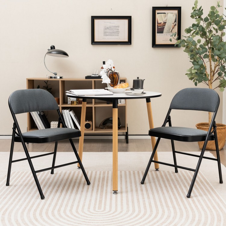Folding chair set with upholstered seats and fabric backrests, perfect for dining or meetings, featuring a space-saving.