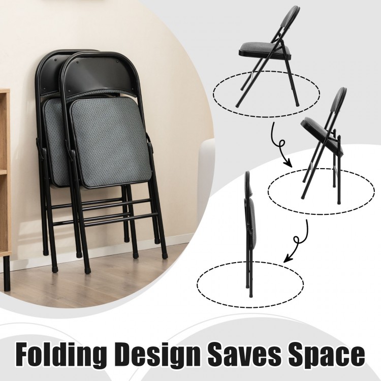 Folding chairs stacked for storage, featuring upholstered seats and fabric-covered backrests, ideal for dining or.