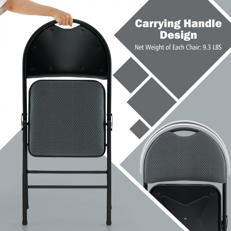 Padded folding office chair with ergonomic backrest and carrying handle, designed for easy storage and portability.