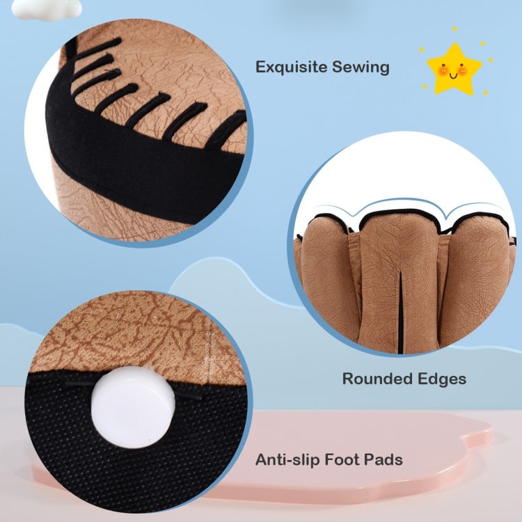 Close-up of the baseball glove shaped upholstered sofa, featuring rounded edges and anti-slip foot pads for kids.