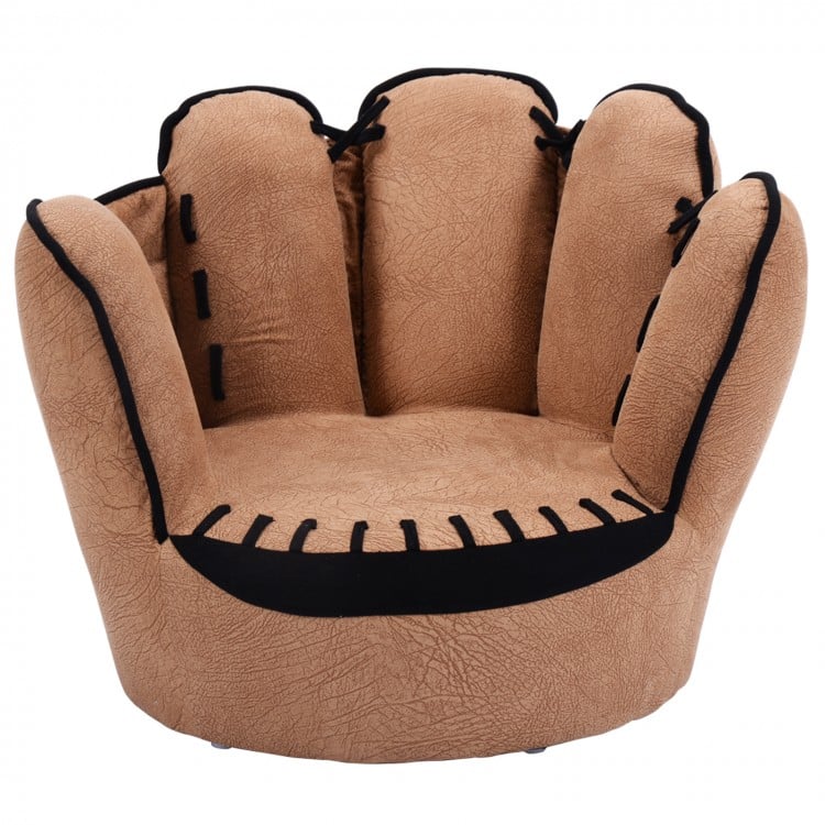 Baseball glove shaped upholstered sofa in soft faux suede for kids aged 3-5, perfect for leisure and play.