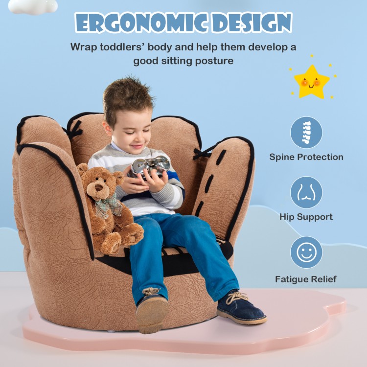Baseball glove shaped kids upholstered sofa in soft faux suede, designed for toddlers aged 3 to 5 years for comfort.