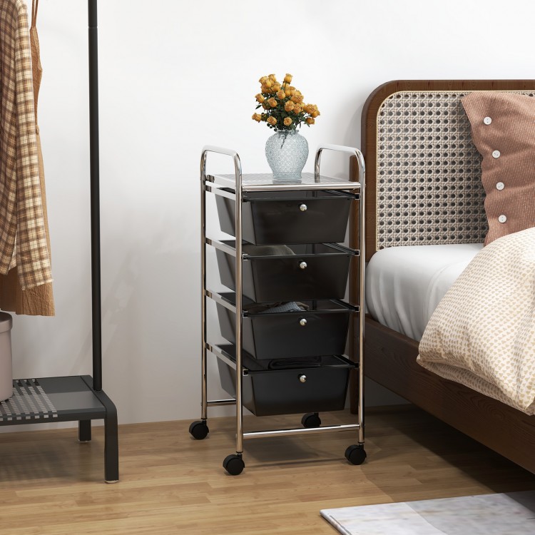 4-drawer rolling cart organizer with black plastic drawers, sturdy metal frame, and easy-grip handles for versatile.