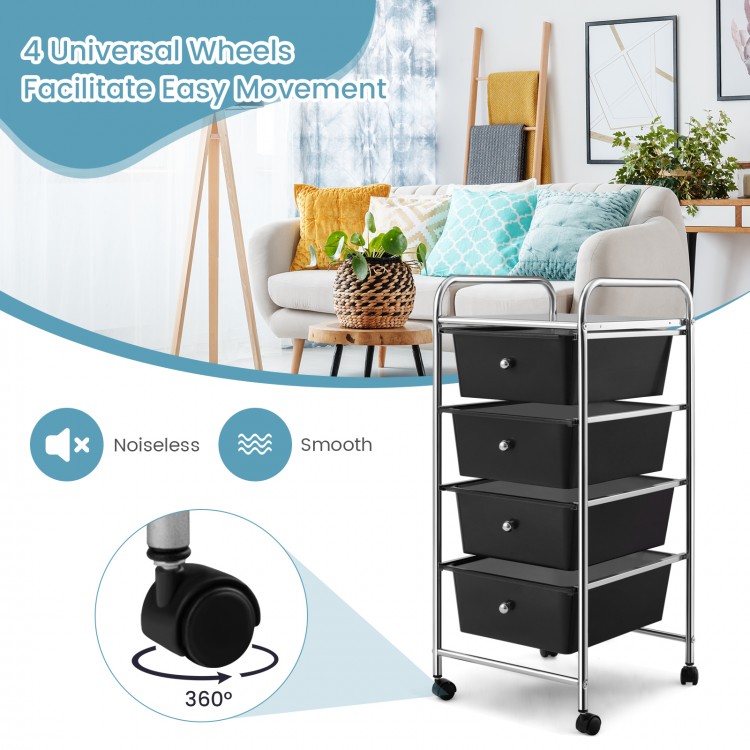 4-drawer cart storage organizer in black with metal frame and wheels, perfect for easy movement and stylish storage.