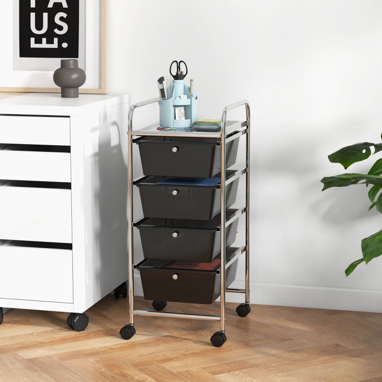 Rolling 4-drawer cart organizer with black plastic drawers and metal frame, ideal for home or office storage.