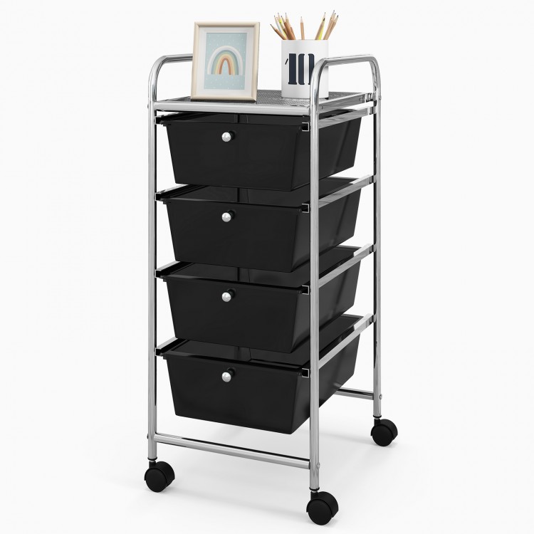 4-drawer rolling cart organizer with black plastic drawers and metal frame, ideal for storage and easy mobility.
