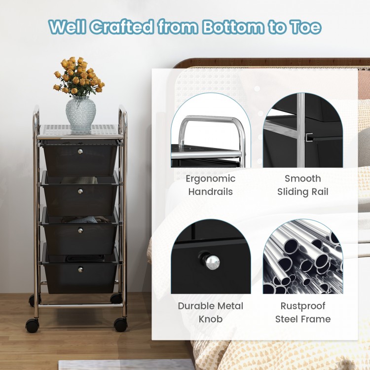 4-drawer rolling cart organizer in black with plastic drawers, metal frame, and ergonomic handrails for easy mobility.