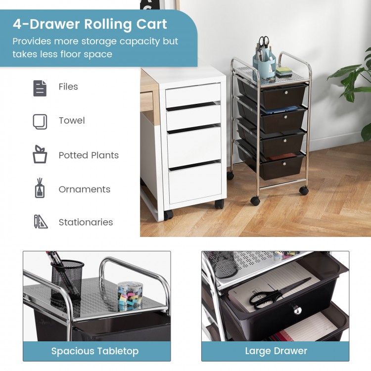 4-drawer rolling cart with black plastic drawers and metal frame, ideal for organizing files and supplies in small.