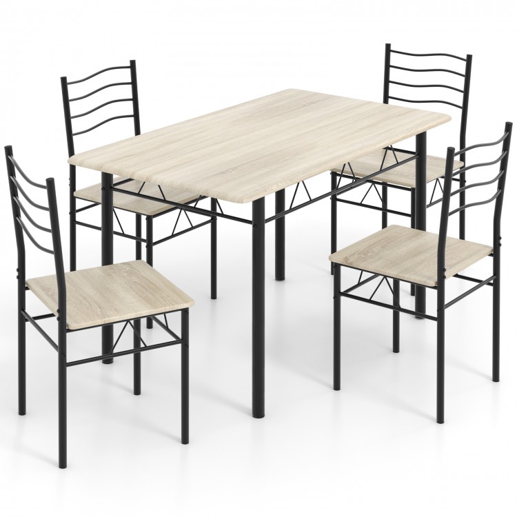 5-piece wood and metal dining table set with natural finish, includes 4 chairs, perfect for compact dining spaces.