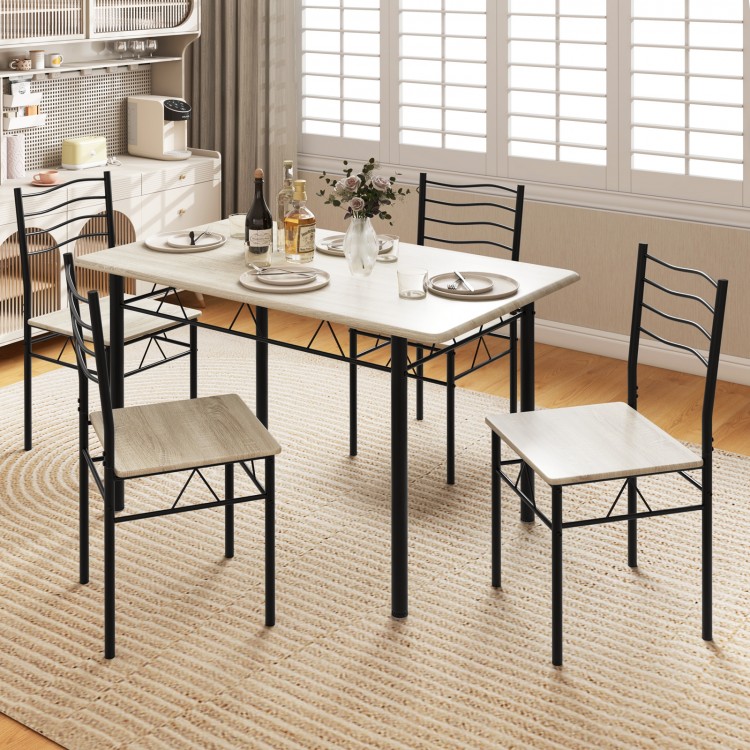 Natural wood and metal dining table set with four chairs, showcasing a compact design ideal for small dining areas.