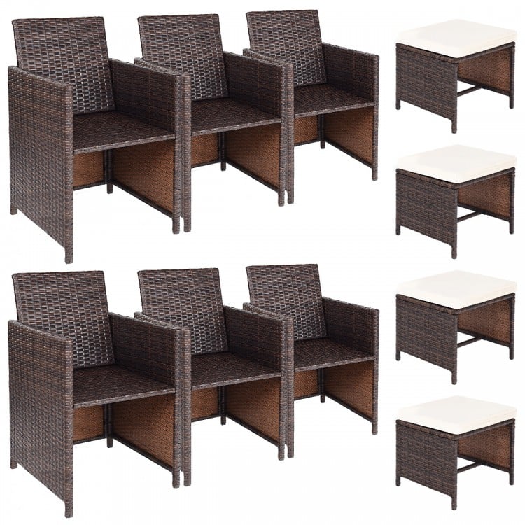 Set of 6 armchairs and 4 ottomans in brown PE wicker for outdoor patio dining, featuring removable cushions and.