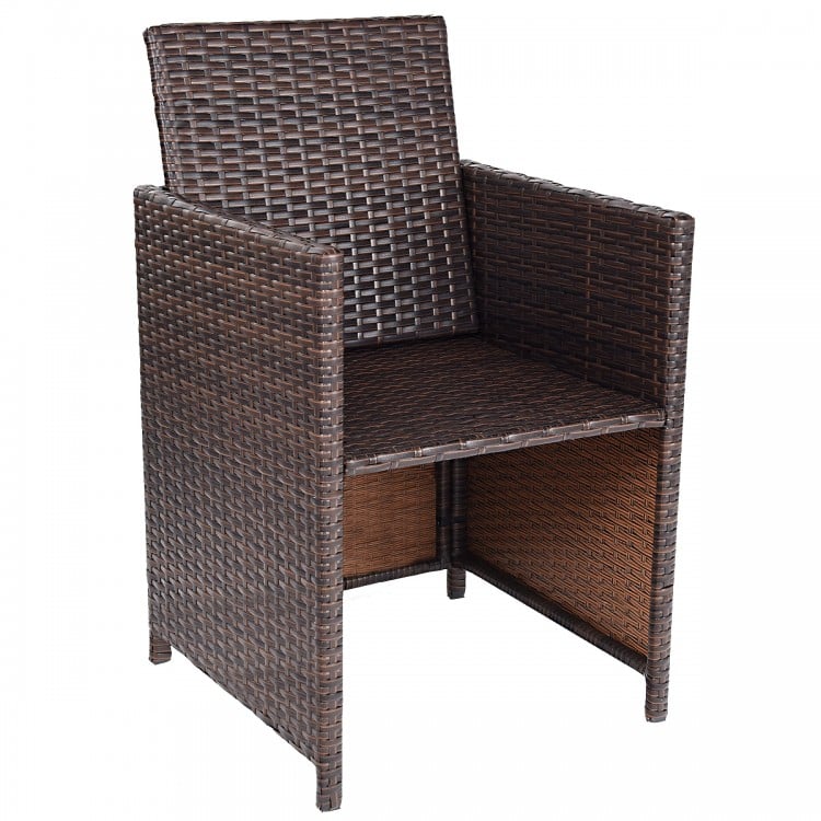 Brown PE wicker armchair with ergonomic design and cut-out handles, perfect for outdoor patio dining.