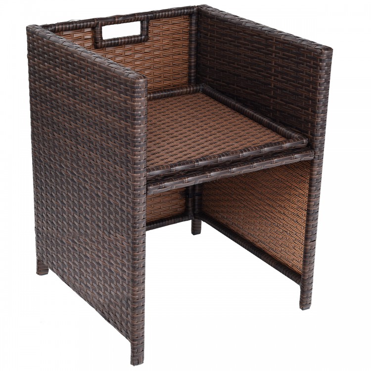 Brown PE wicker armchair with cut-out handles and foldable backrest, perfect for outdoor patio use.