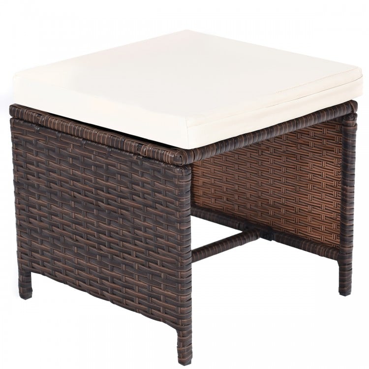 Square outdoor ottoman with removable cushion, made of durable brown PE wicker, perfect for patio or garden use.