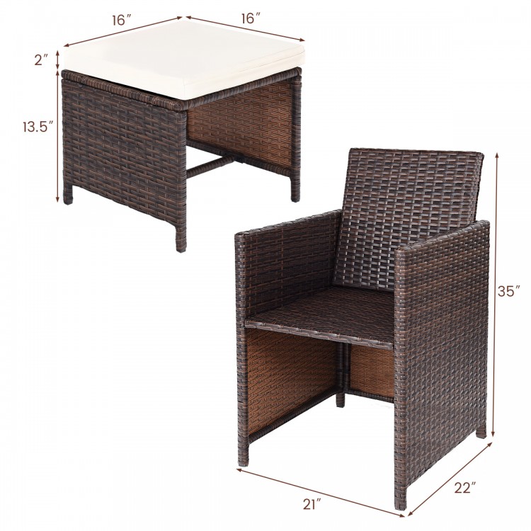 Brown PE wicker armchair with removable cushion, ergonomic design, ideal for outdoor patio or garden use.