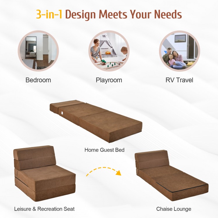 Tri-fold folding chair convertible sleeper bed in brown, ideal for lounging, gaming, or as a guest bed.