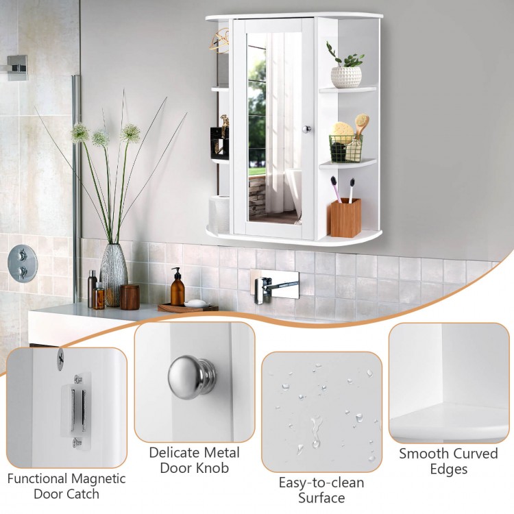 Wall-mounted white bathroom cabinet with a mirror, featuring 6 open shelves and a sturdy MDF construction for ample.