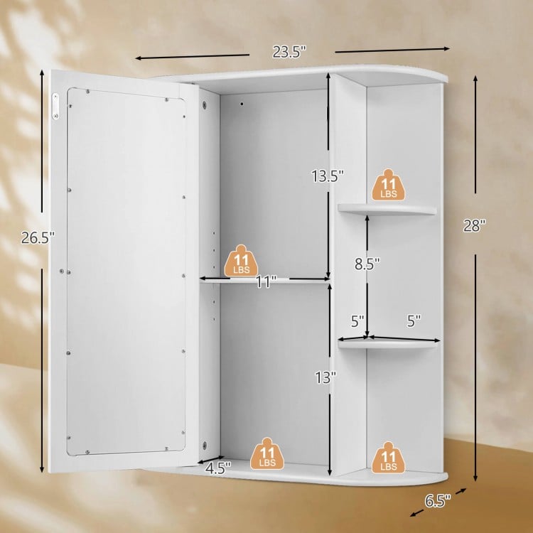 White bathroom cabinet with single door and six shelves, made of durable MDF, ideal for organized storage.