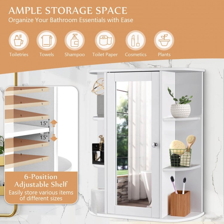 Single door wall-mounted bathroom cabinet in white with six open shelves for organized storage of toiletries and decor.