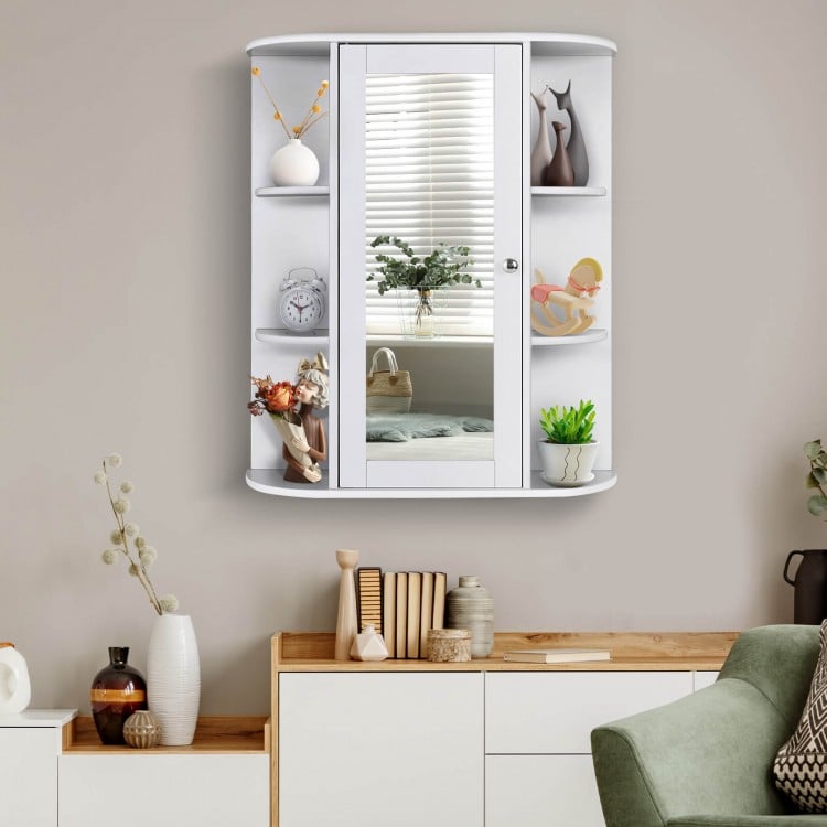 Wall-mounted white bathroom cabinet with mirror, featuring 6 open shelves and 1 enclosed storage space for organization.