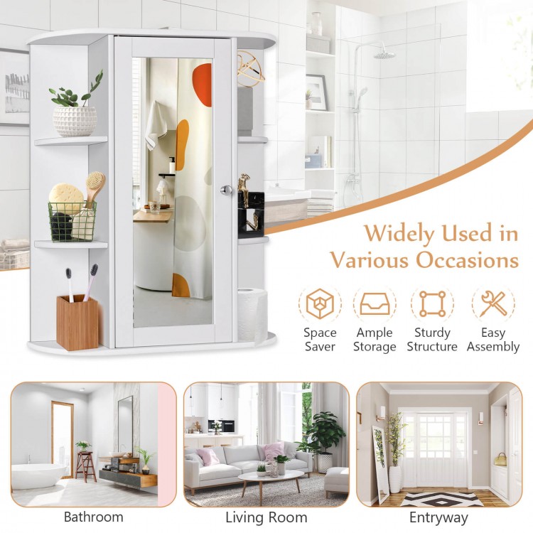 White bathroom cabinet with a single door and six open shelves, offering ample storage for towels and decor.