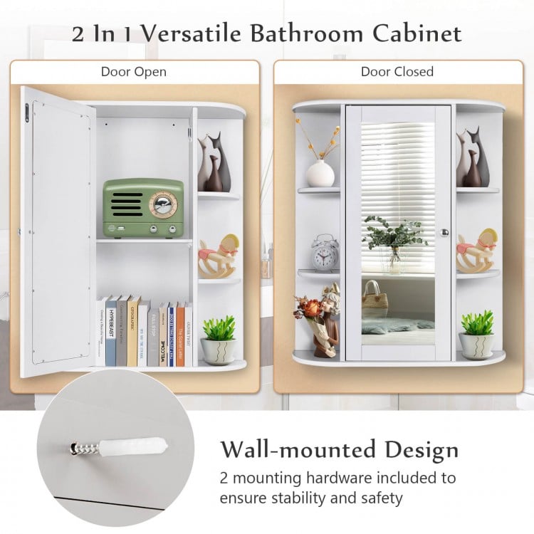 Wall-mounted white bathroom cabinet with a door, six open shelves, and adjustable inner panel for versatile storage.