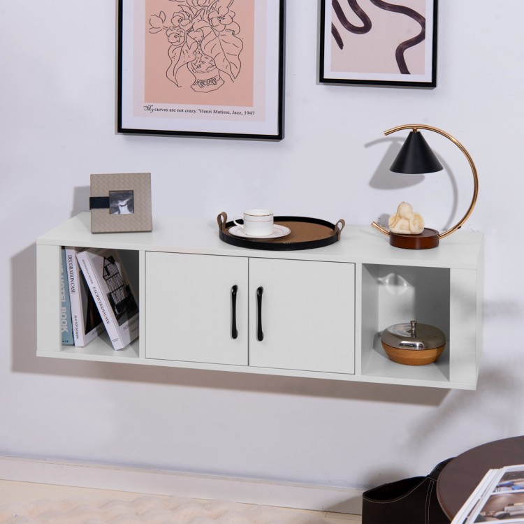Wall-mounted floating desk hutch in white with 2 doors, open compartments, and modern design for stylish storage.