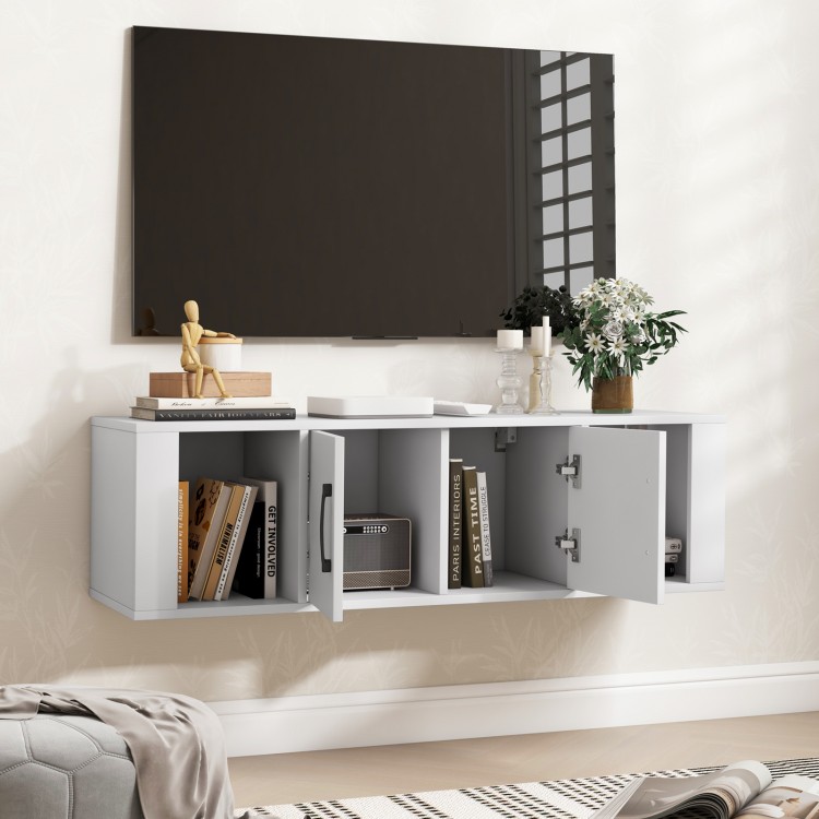 Wall-mounted white desk hutch with 2 doors, open compartments, and modern design for stylish media storage.