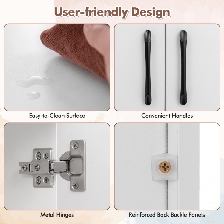 User-friendly design features convenient handles and easy-to-clean surface for the white wall-mounted desk hutch.