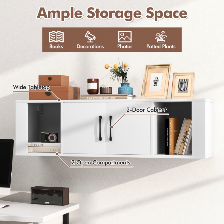 Wall-mounted floating desk hutch in white with wide tabletop, 2-door cabinet, and open compartments for stylish storage.