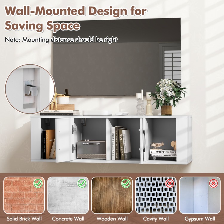 Wall-mounted floating desk hutch in white with 2 doors and open compartments for stylish storage and display.