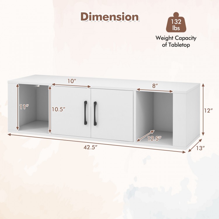 Wall-mounted white desk hutch with two doors, open compartments, and a wide tabletop for stylish storage solutions.