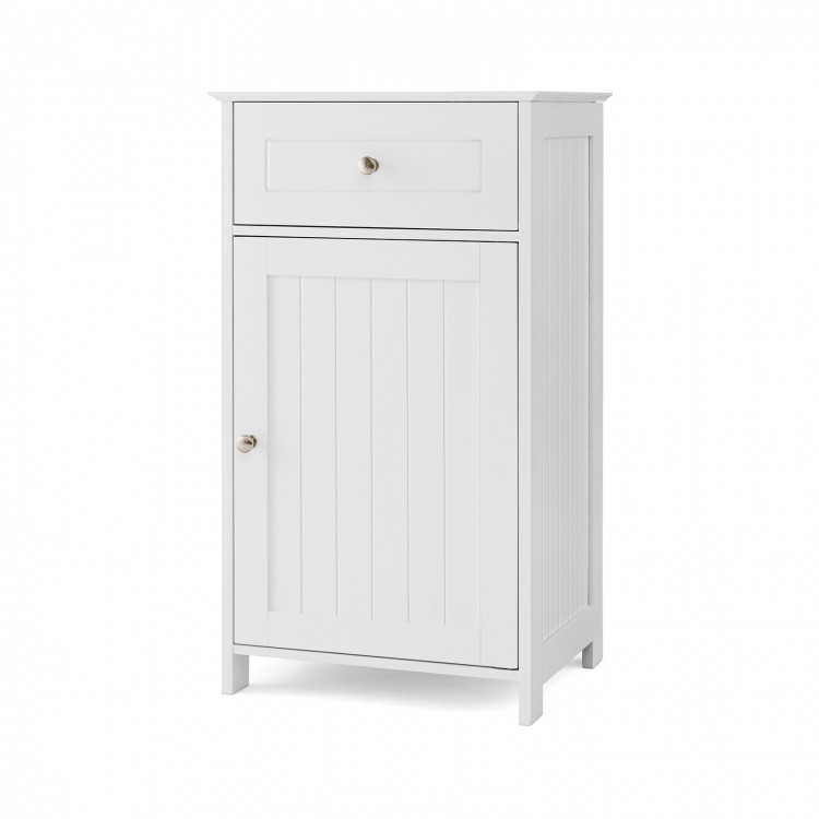 Single door bathroom cabinet in white with adjustable shelf and drawer, ideal for versatile storage solutions.