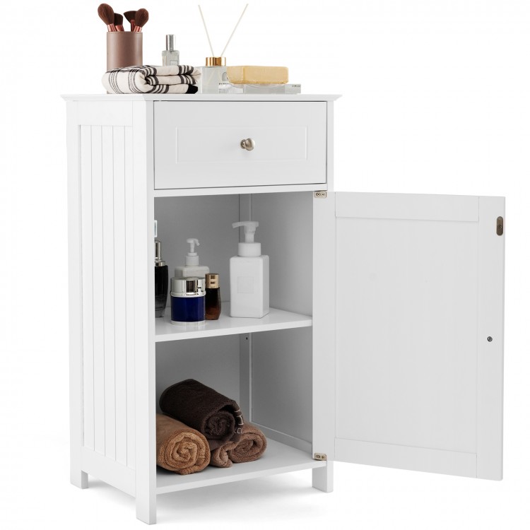 Single door bathroom cabinet in white with adjustable shelf, drawer, and magnetic door catch for versatile storage.
