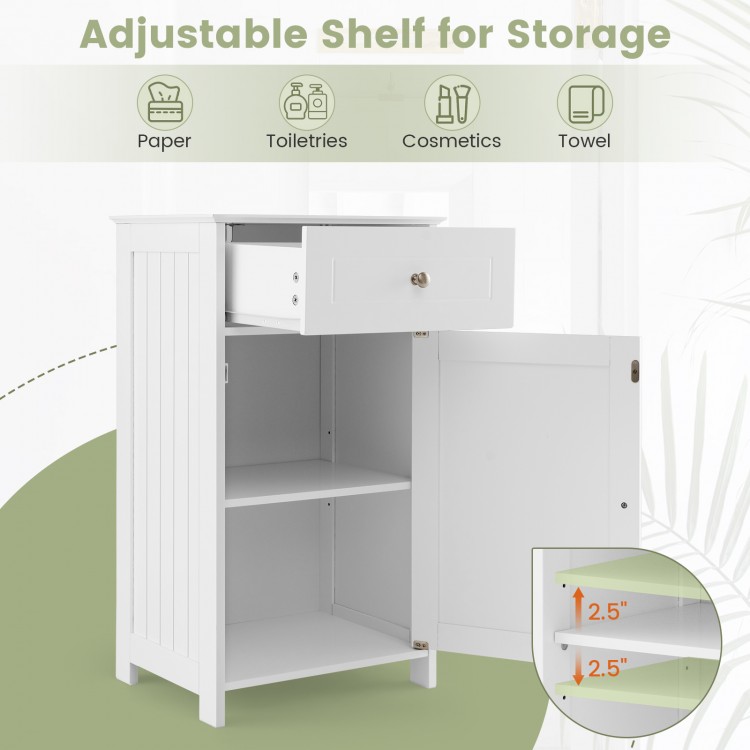 Single door bathroom cabinet in white showcasing adjustable shelf and spacious interior for customized storage options.