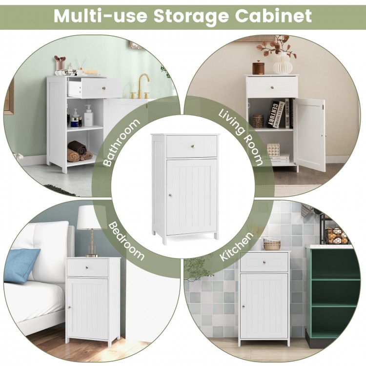 Single door bathroom cabinet in white with adjustable shelf and drawer, ideal for versatile storage in various spaces.