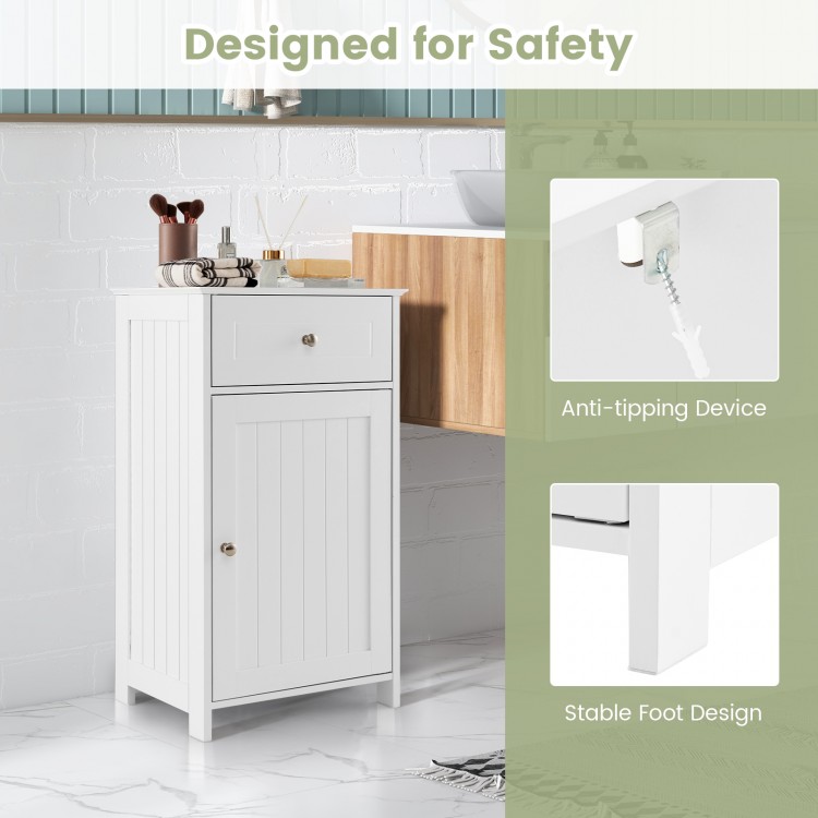 Single door bathroom cabinet in white with adjustable shelf, drawer, and anti-tipping device for secure storage.