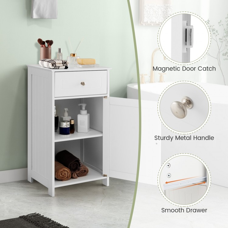 Single door bathroom cabinet in white with adjustable shelf, smooth drawer, and sturdy metal handle for versatile.