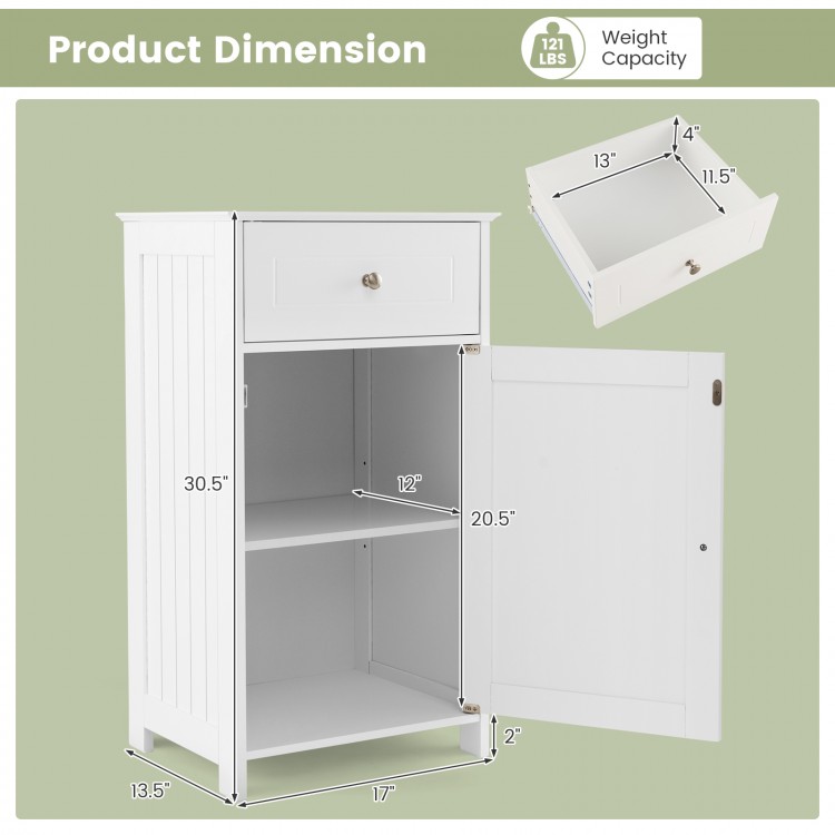 Single door bathroom cabinet in white with adjustable shelf, drawer, and dimensions for versatile storage solutions.