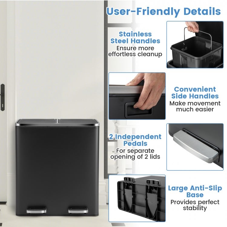 16-gallon dual step trash can in black with two independent pedals and stainless steel handles for easy garbage sorting.