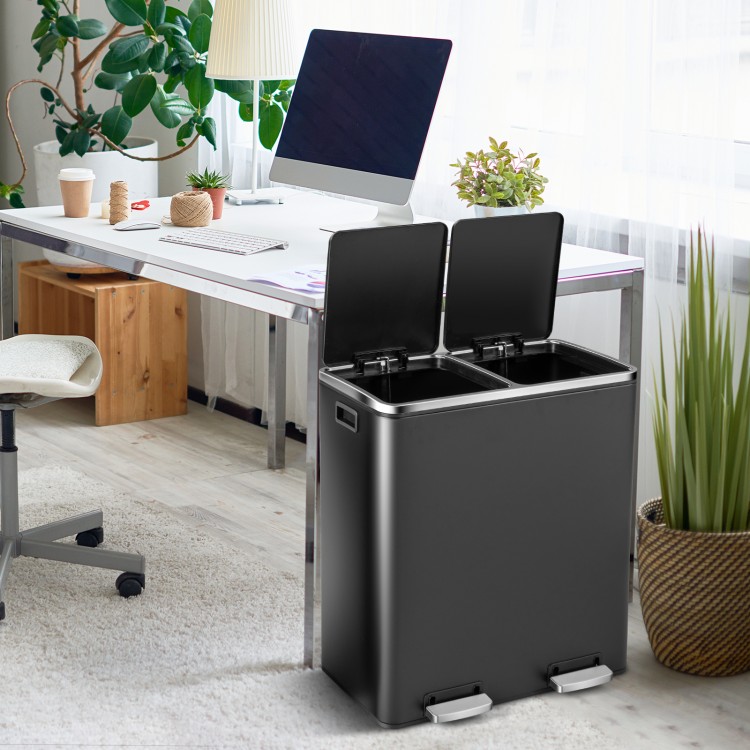 Dual step trash can in black with two separate buckets for easy garbage sorting, ideal for home or office use.